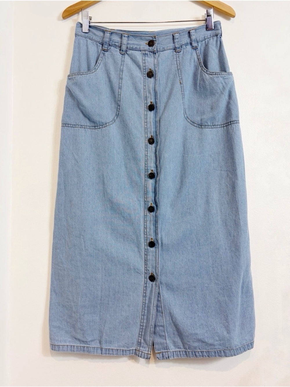 Vintage American Dynasty Cotton Denim Midi Button Down Skirt
